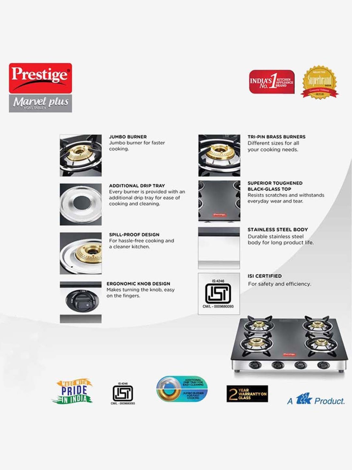 Pigeon Blackline Smart Black Glass Manual Gas Stove (2 Burners)
