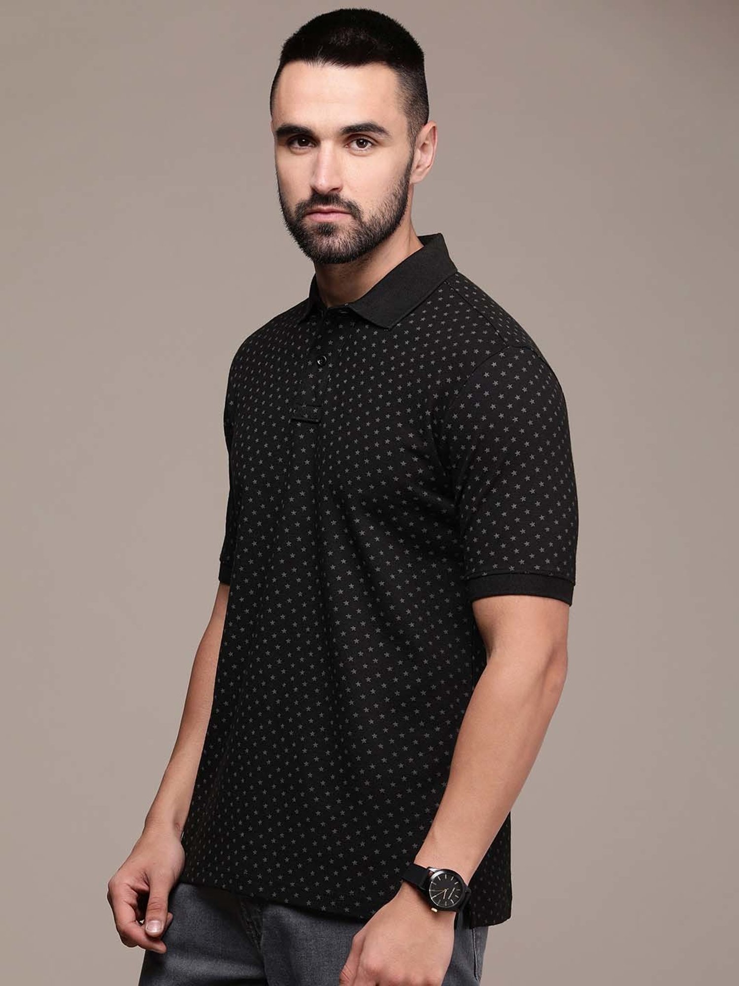 Burnt Umber Black Regular Fit Printed Polo T-Shirt