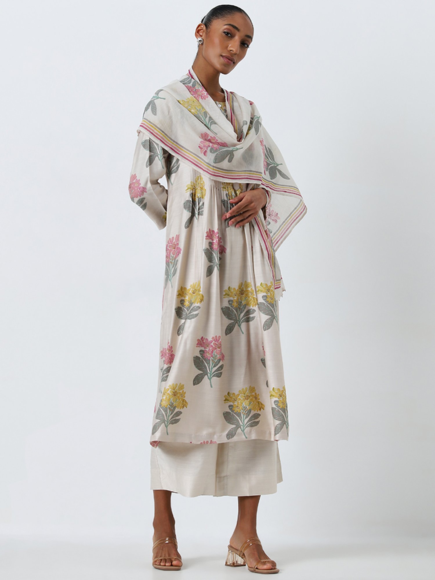 Zuba by Westside Beige Floral Printed A-Line Kurta