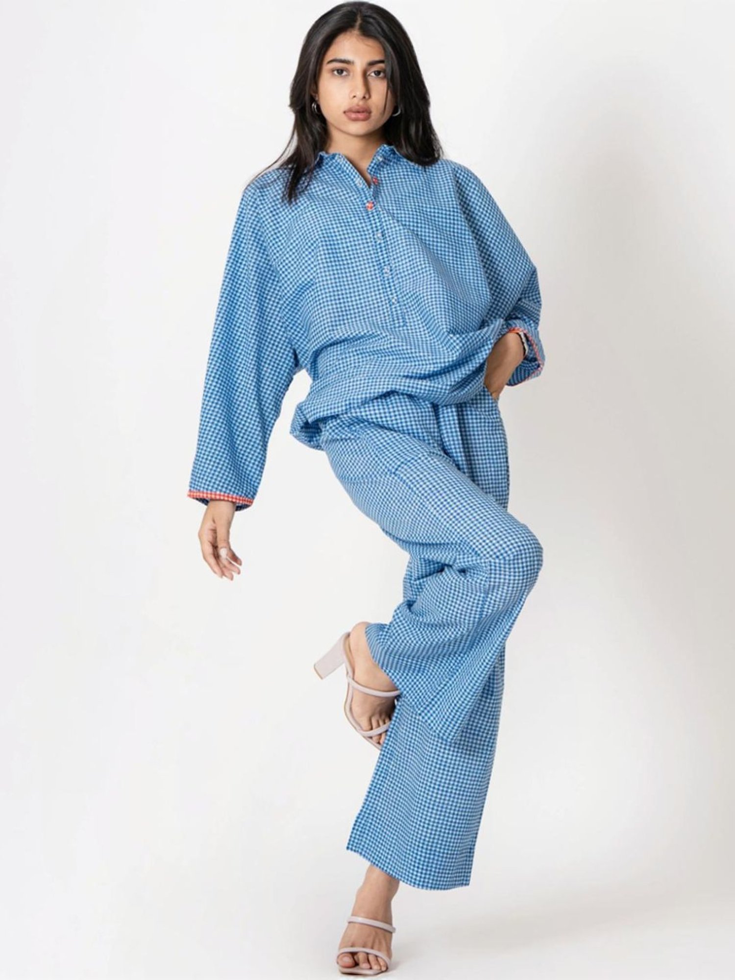 Kameez by Pooja Blue Capsule 24 Gingham Handprint Cotton Shirt and Pant Co-ord Set