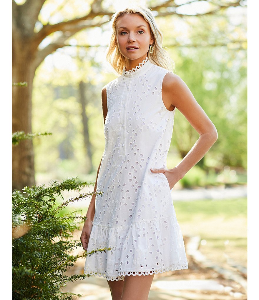 Eliza J Eyelet Ruffle Hem Sleeveless Button-front Mock Neck Dress