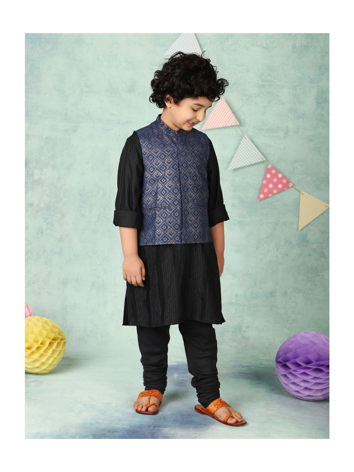 Fabindia Kids Blue Printed Nehru Jacket