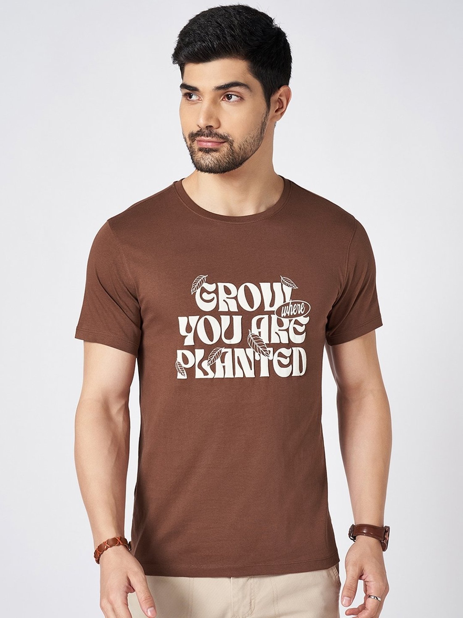 Urban Ranger by Pantaloons Orange Brown Cotton Slim Fit T-Shirt