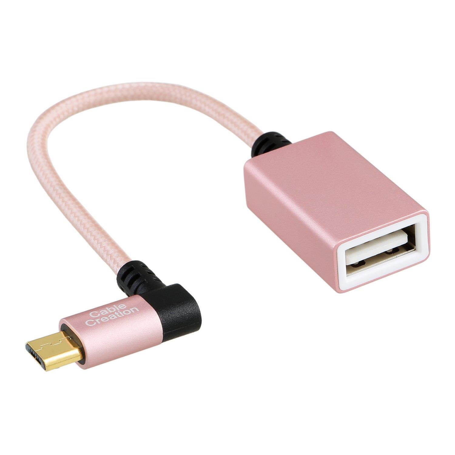 CableCreation 90 Degree Micro USB 2.0 OTG Cable Left Angle Braided On The Go Adapter Micro USB Male to USB Female for Samsung or other Smart Phones with OTG Function, 6 Inch/Rose Gold Aluminum