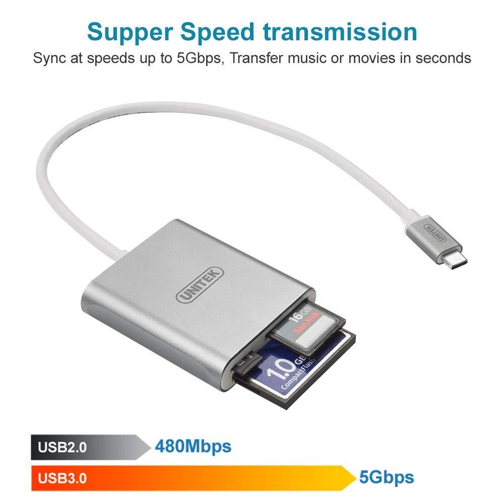 Unitek USB C SD Card Reader, Aluminum 3-Slot USB 3.0 Type-C Flash Memory Card Reader for USB C Device, Supports SanDisk Compact Flash Memory Card and Lexar Professional CompactFlash Card