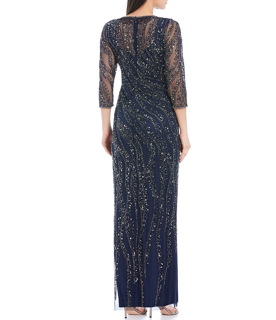 Pisarro Nights 3/4 Sleeve Illusion Yoke Beaded Mesh Gown
