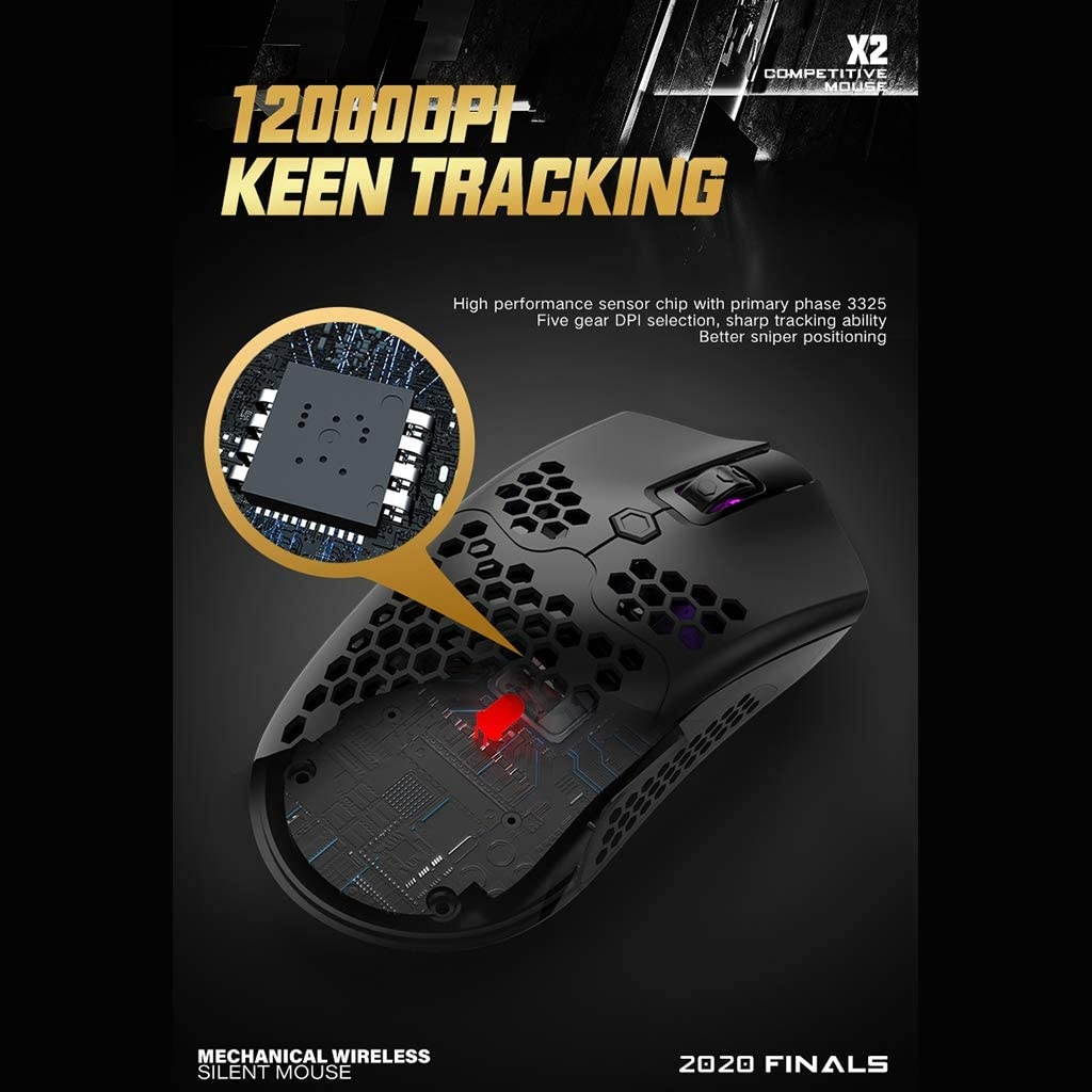 Ajiestour X2 12000DPI Dual Mode Gaming Mouse 7 Keys Hollow Out Design Wireless Mouse with RGB Light Effect for Laptop PC Computer