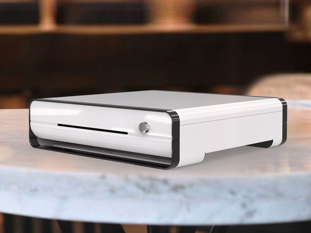 Beelta Cash Register Drawer 16&rdquo; for Point of Sale (POS) System with Fully Removable Cash Tray, 5 Bill slots / 5 Coin slots, 24V, RJ11/RJ12 Key-Lock, Media Slot, SPCC, White