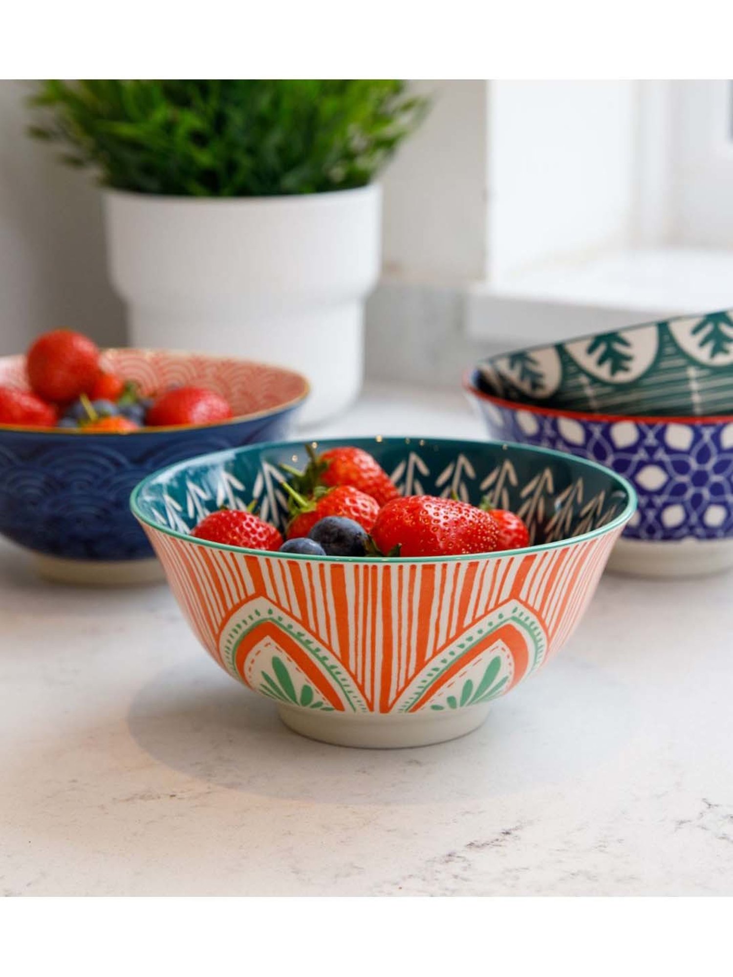 KitchenCraft Colourful Folk Orange & Teal Blue Stoneware 15.7 cm Bowl