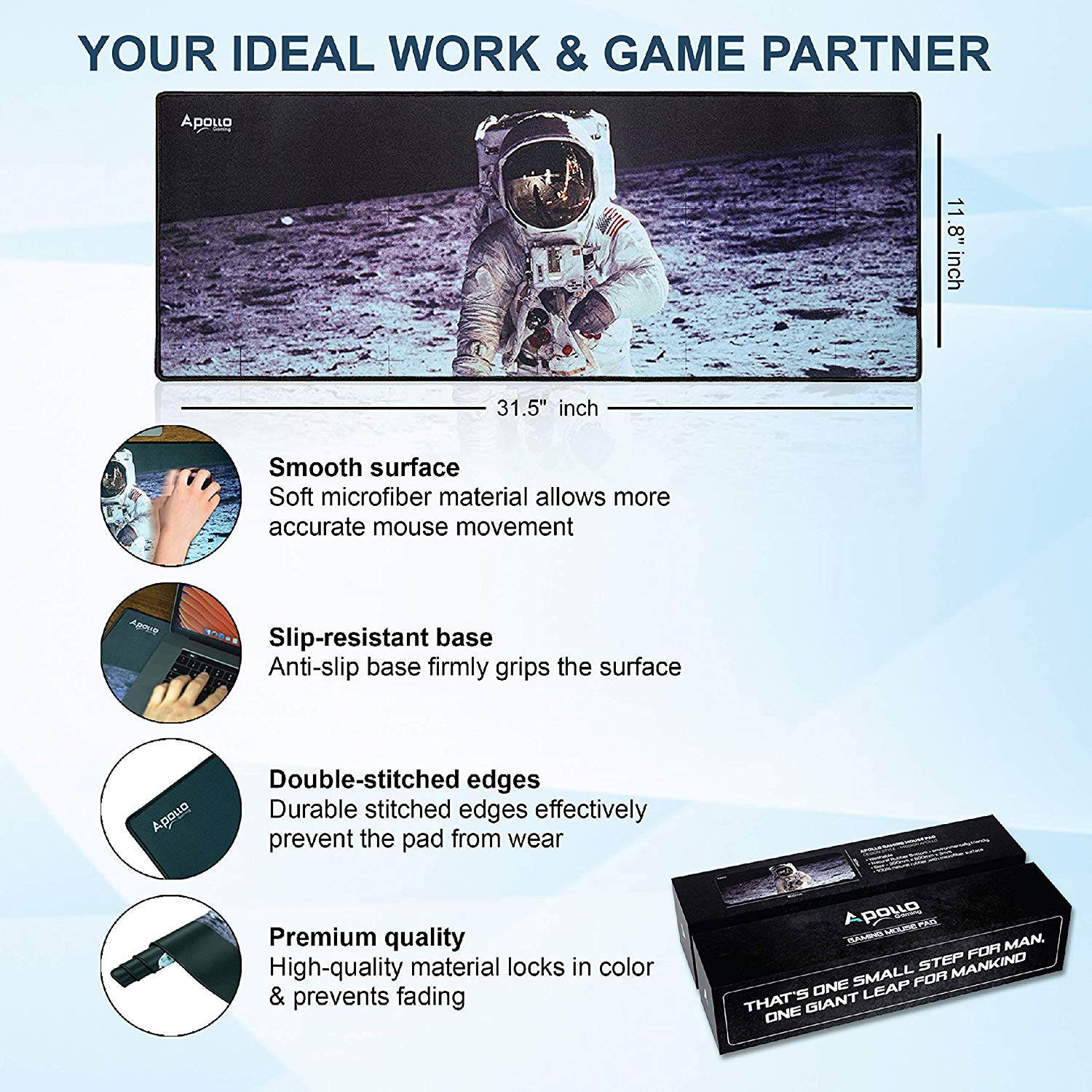 Apollo Gaming Mouse Pad, Large NASA Astronaut Space Design Microfiber Mousepad, 31.5&times;11.8&times;0.12in, Large XXL Extended Desk Mat. Computer Keyboard Mouse Mat Mousepad for Office/Gaming/Home
