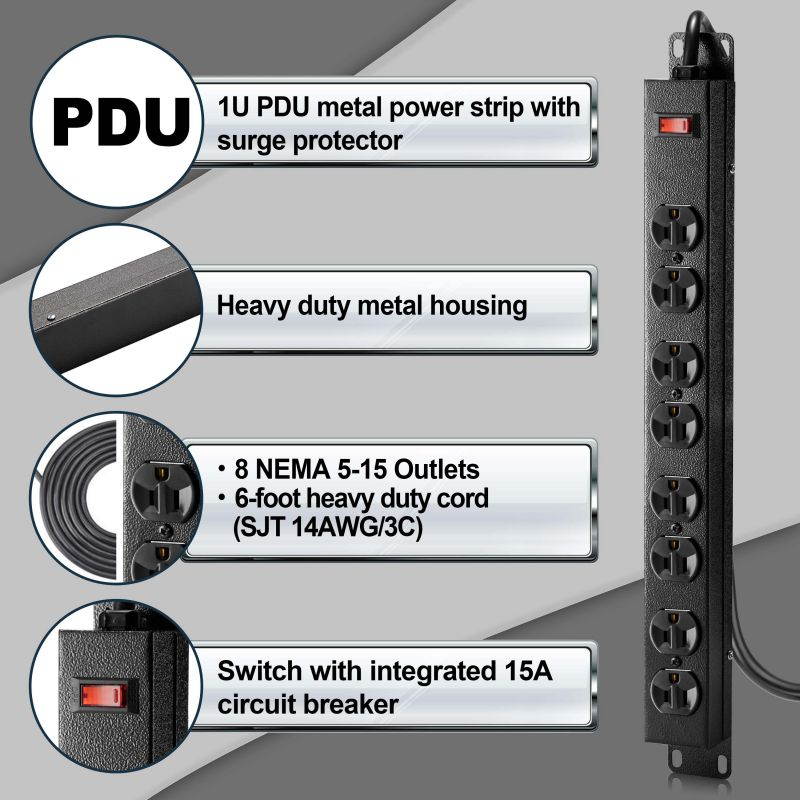 BESTTEN 1U Rack Mount PDU Power Strip, 8-Outlet Metal Surge Protector with 6-Foot Cord and Circuit Breaker, 15A/125V, UL listed, Black