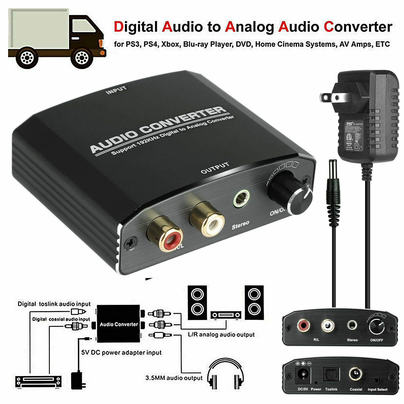 192KHz Digital to Analog Audio Converter Coaxial Toslink Optical Cable RCA 3.5mm