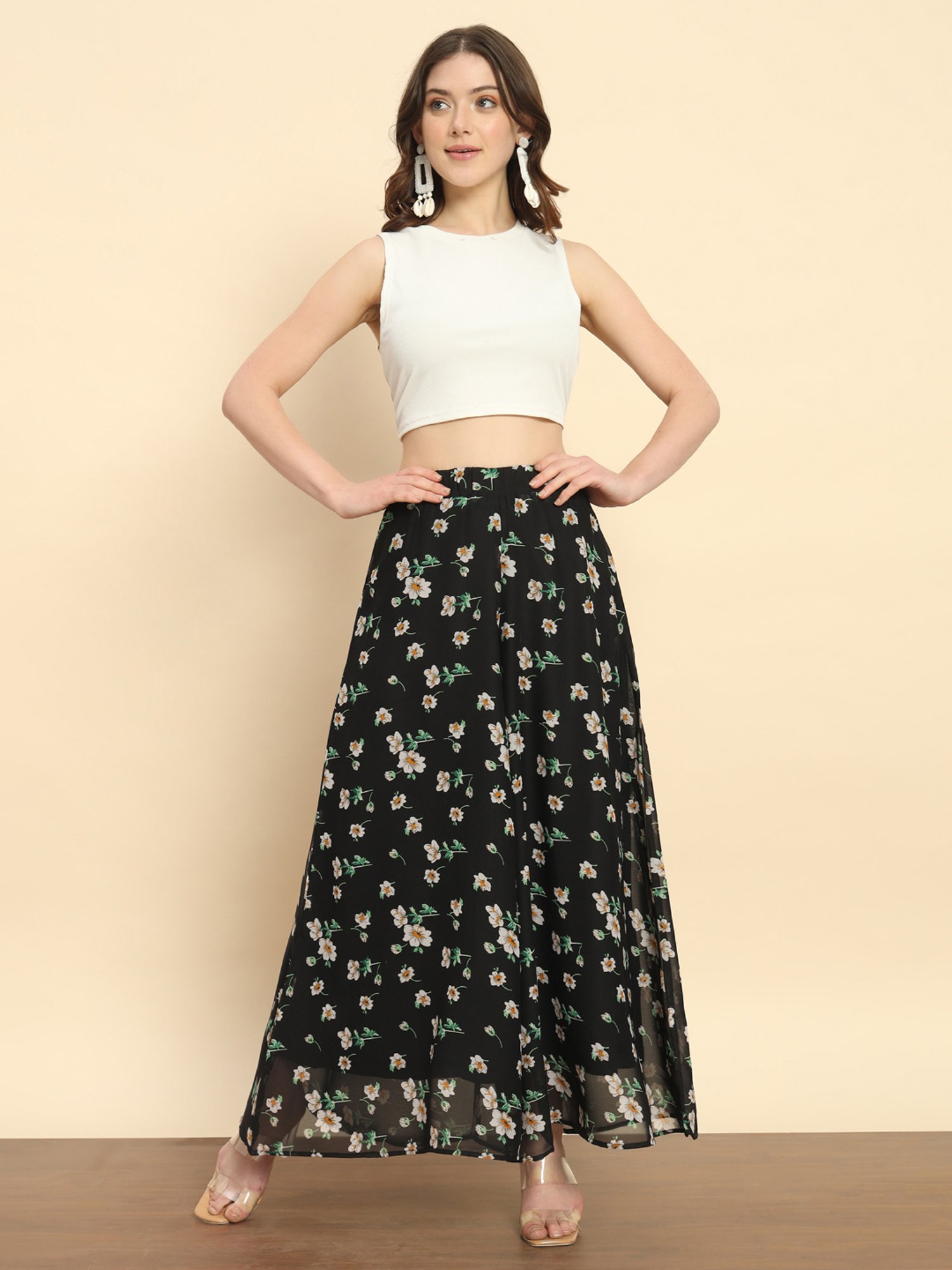 Trend Arrest Black Floral Print Flared Fit High Rise Palazzos