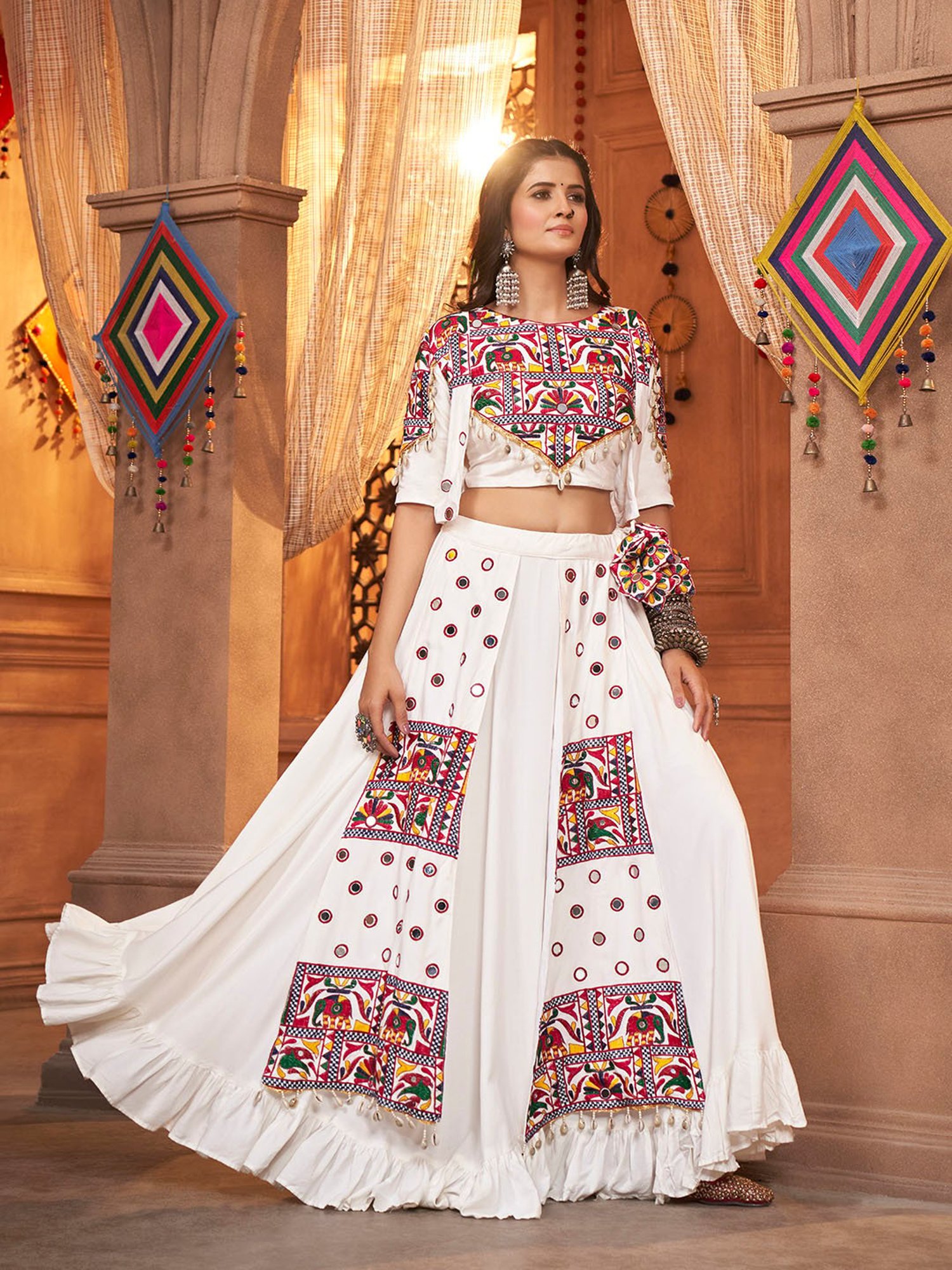 SHUBHKALA White Embroidered Lehenga Choli Set With Jacket