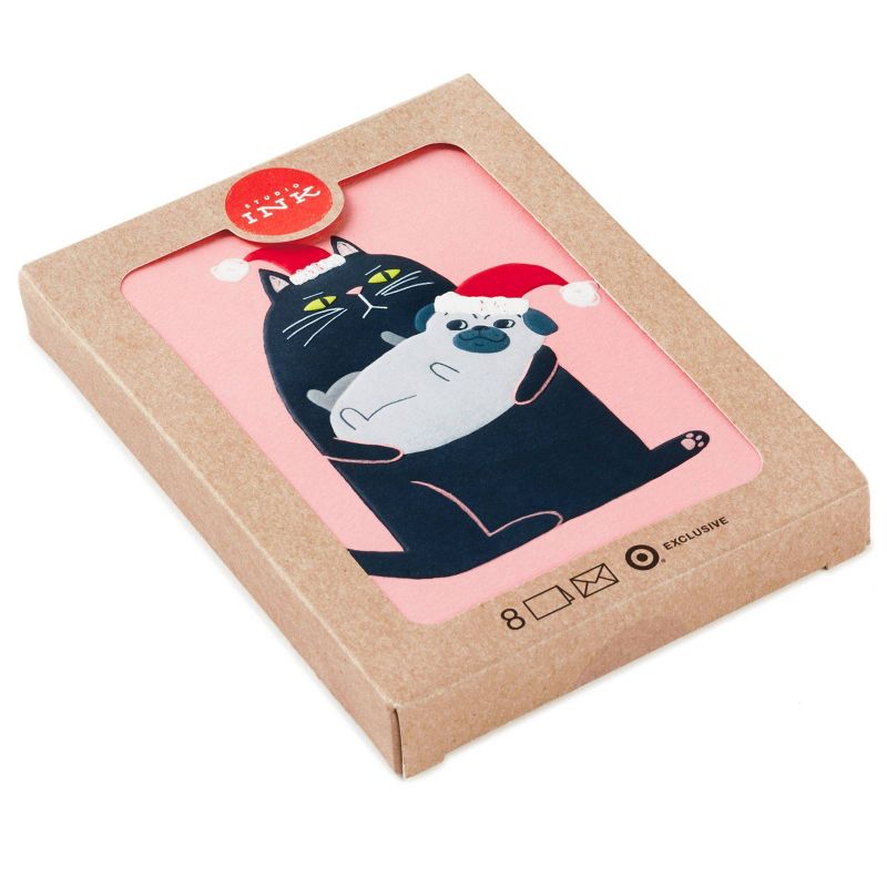 8ct Hallmark Studio Ink Cat with Pug in Santa Hat Boxed Cards