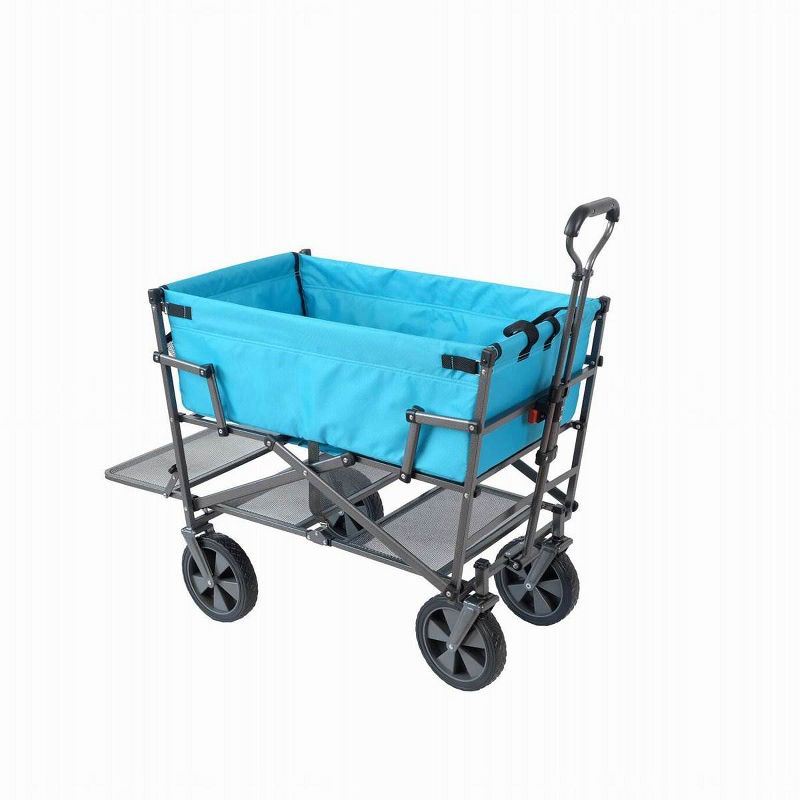 Mac Sports Double Decker Heavy Duty Steel Frame Collapsible Outdoor 150 Pound Capacity Yard Cart Utility Garden Wagon with Lower Storage Shelf, Blue