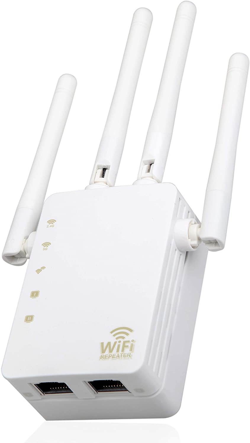 WiFi Extender,1200Mbps WiFi Repeater Wireless Signal Booster 2.4 & 5GHz Dual Band WiFi Extender 2 Ethernet Ports&with 4 External Antennas 360 Degree Full Coverage WiFi Range Extender Repeater (White)