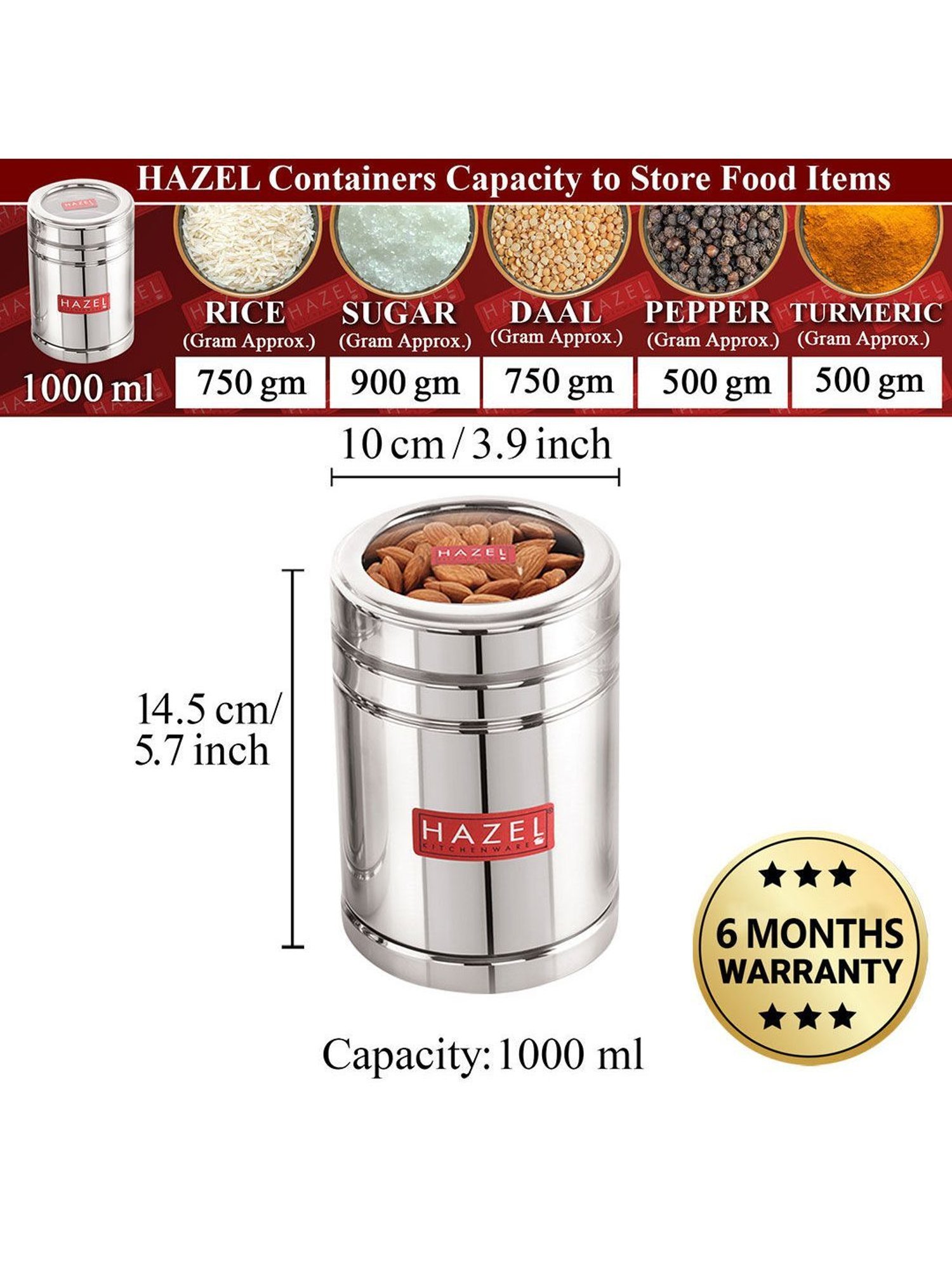 HAZEL Silver Stainless Steel Container with Transparent Lid (1L)