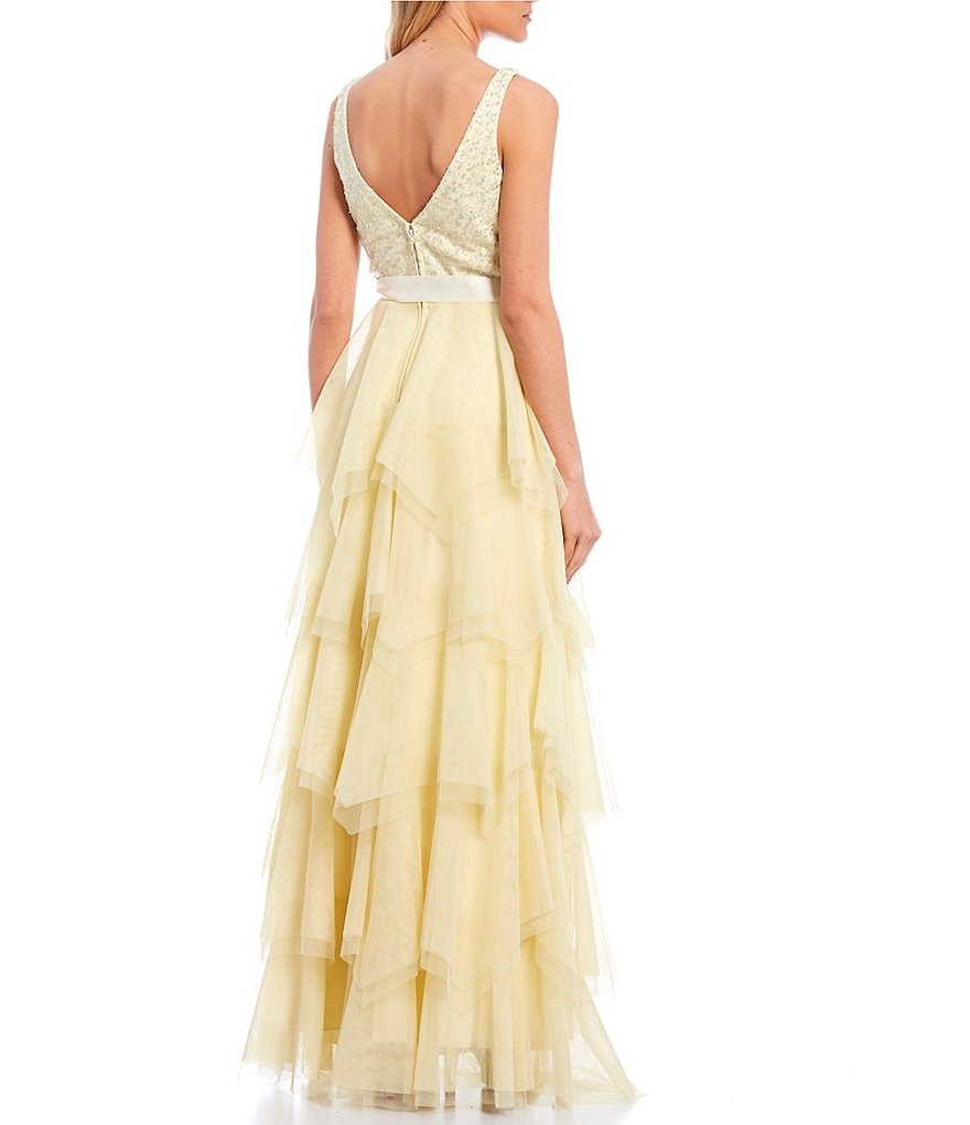 Teeze Me Spaghetti Strap V-Neck Sequin-Embellished Tiered Mesh Skirt Ball Gown