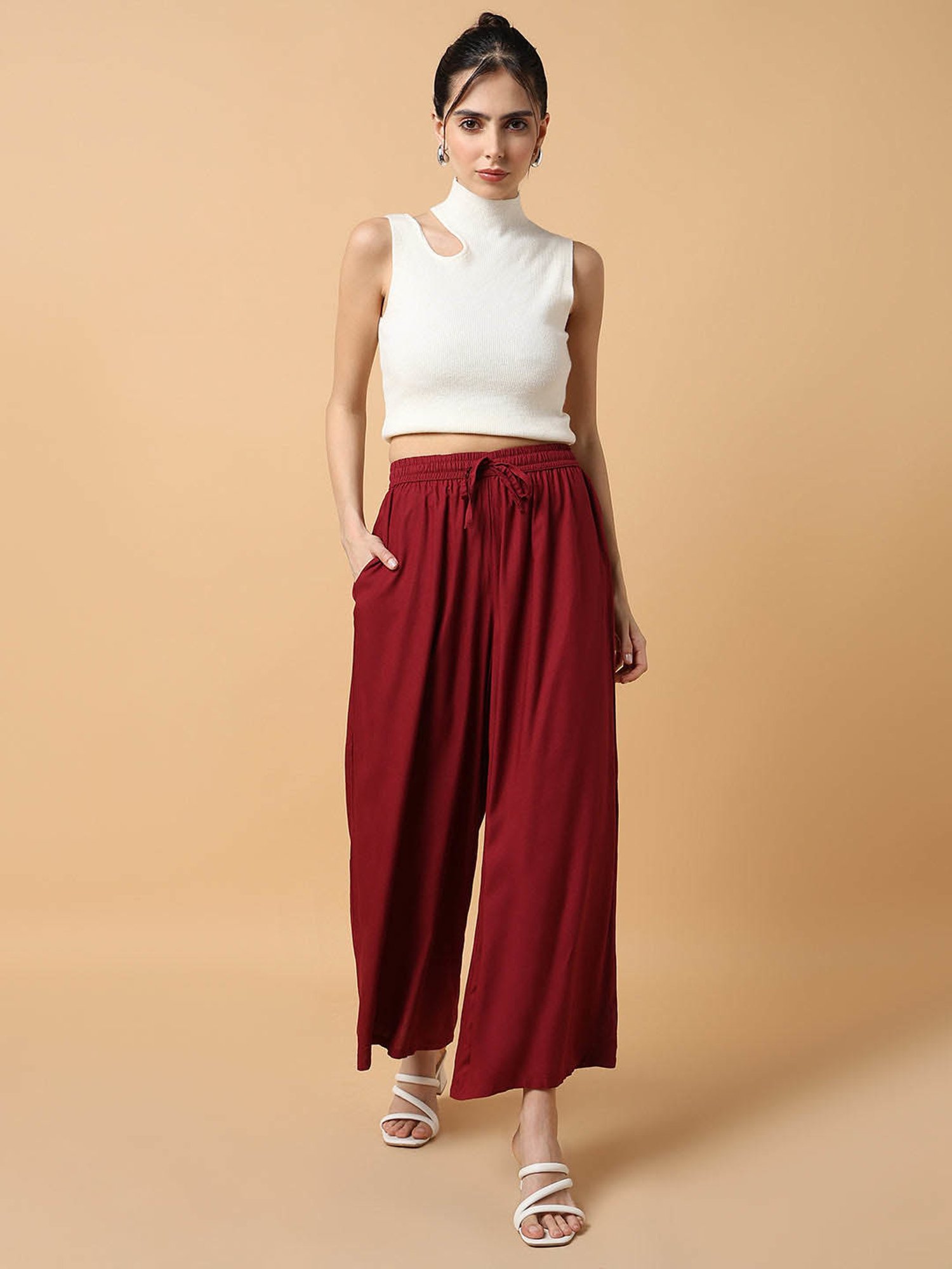 SHOWOFF Maroon Cotton Straight Fit Mid Rise Pants