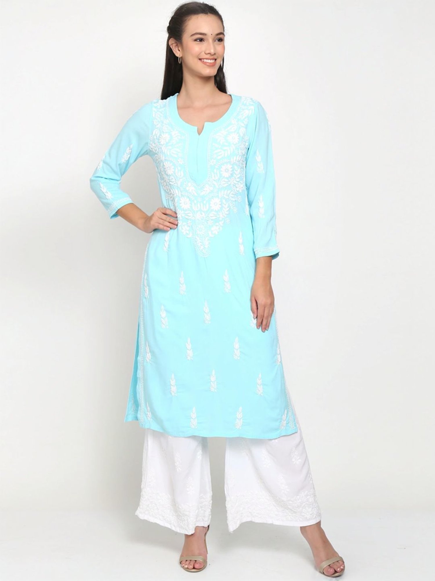 PARAMOUNT CHIKAN Aqua Blue Hand Embroidered Chikankari Straight Kurta