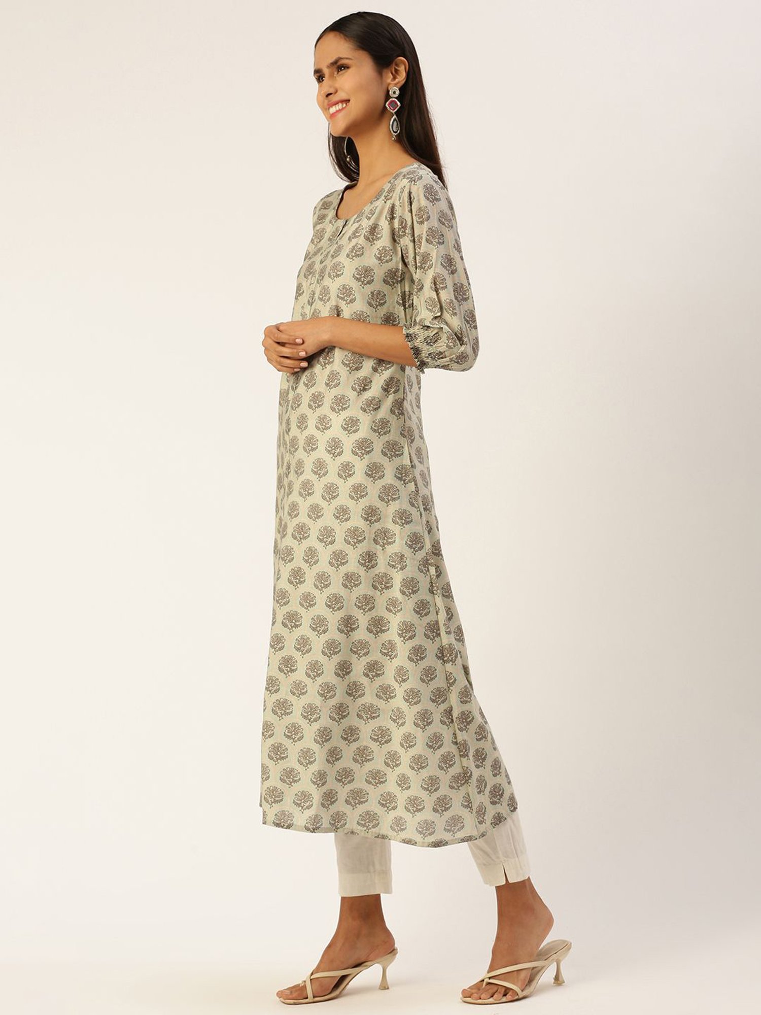 SHANVIKA Green Printed Cotton Silk A Line Kurta