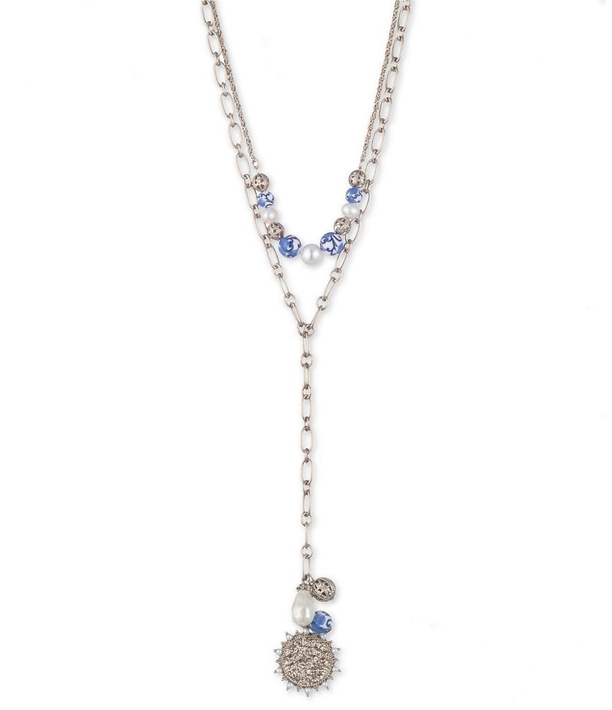 Marchesa Blue and White Bead Y Necklace
