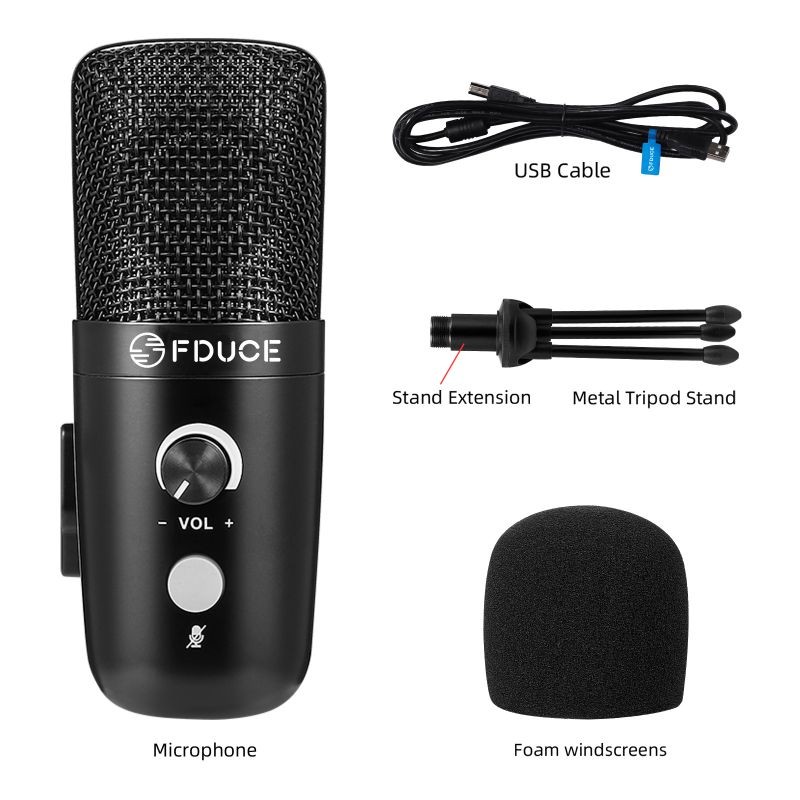 USB Plug & Play condenser microphone, FDUCE professional studio PC microphone with tripod, suitable for gaming, streaming, podcasting, chat, YouTube (black) on Mac and Windows