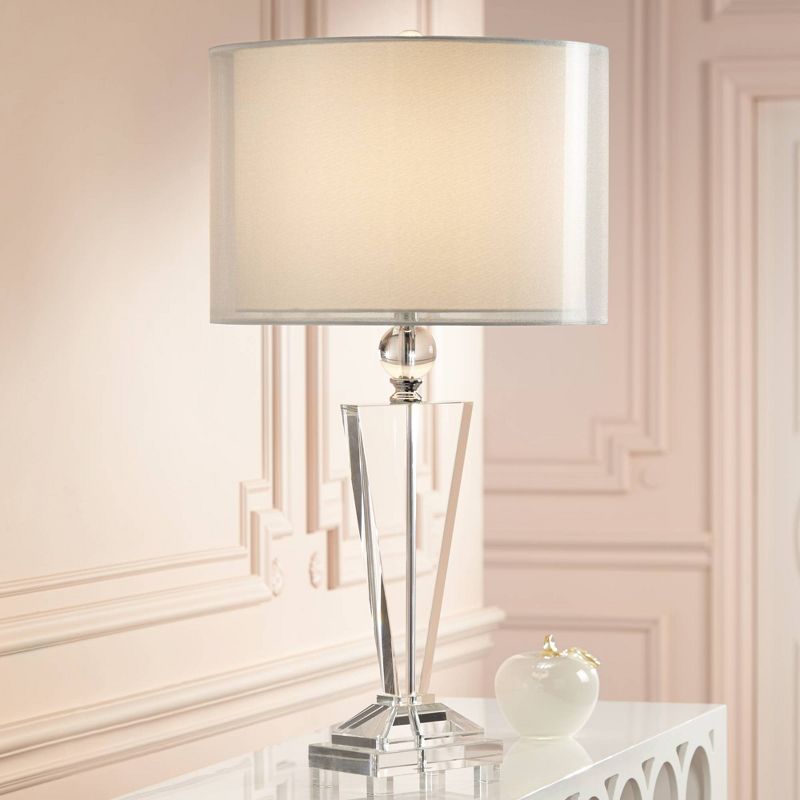 Vienna Full Spectrum Modern Table Lamp Clear Crystal Trophy Double Sheer Silver and White Drum Shade for Living Room Bedroom