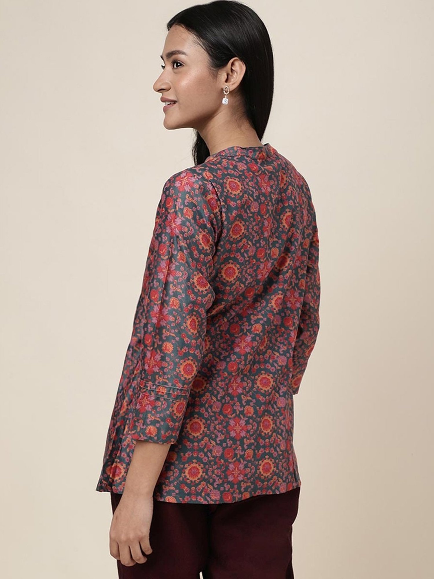 Fabindia Green & Pink Floral Print Tunic