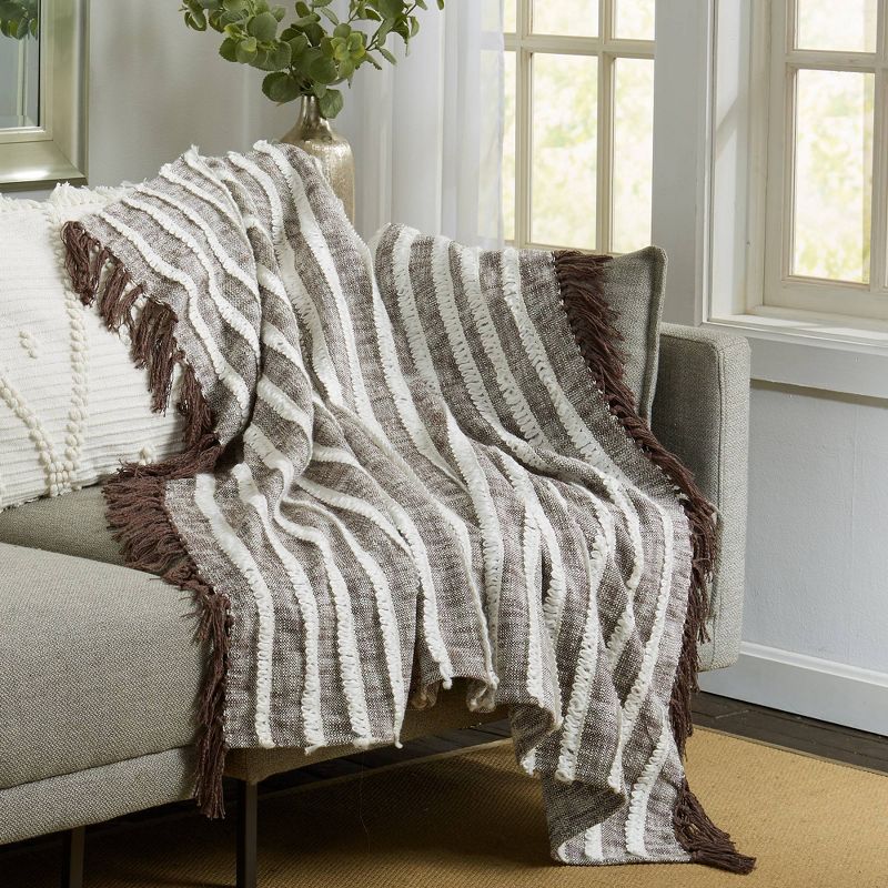 50"x60" Striped Throw Blanket with Tassel and Fringe Black/Natural - Patina Vie