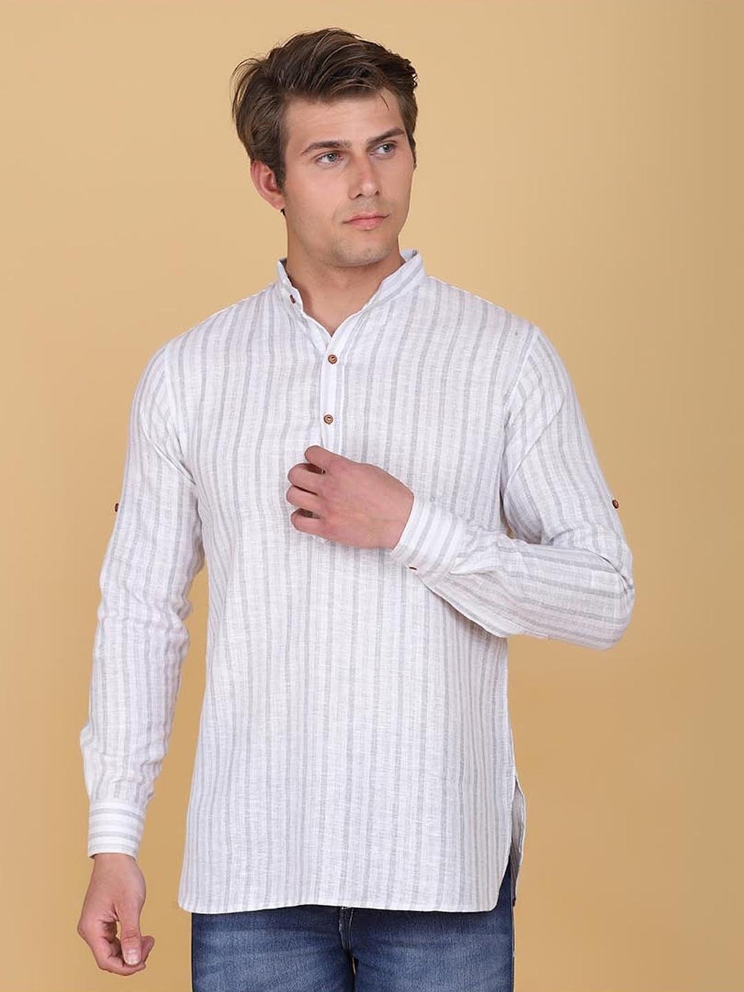 TAHVO Grey Cotton Slim Fit Striped Shirt