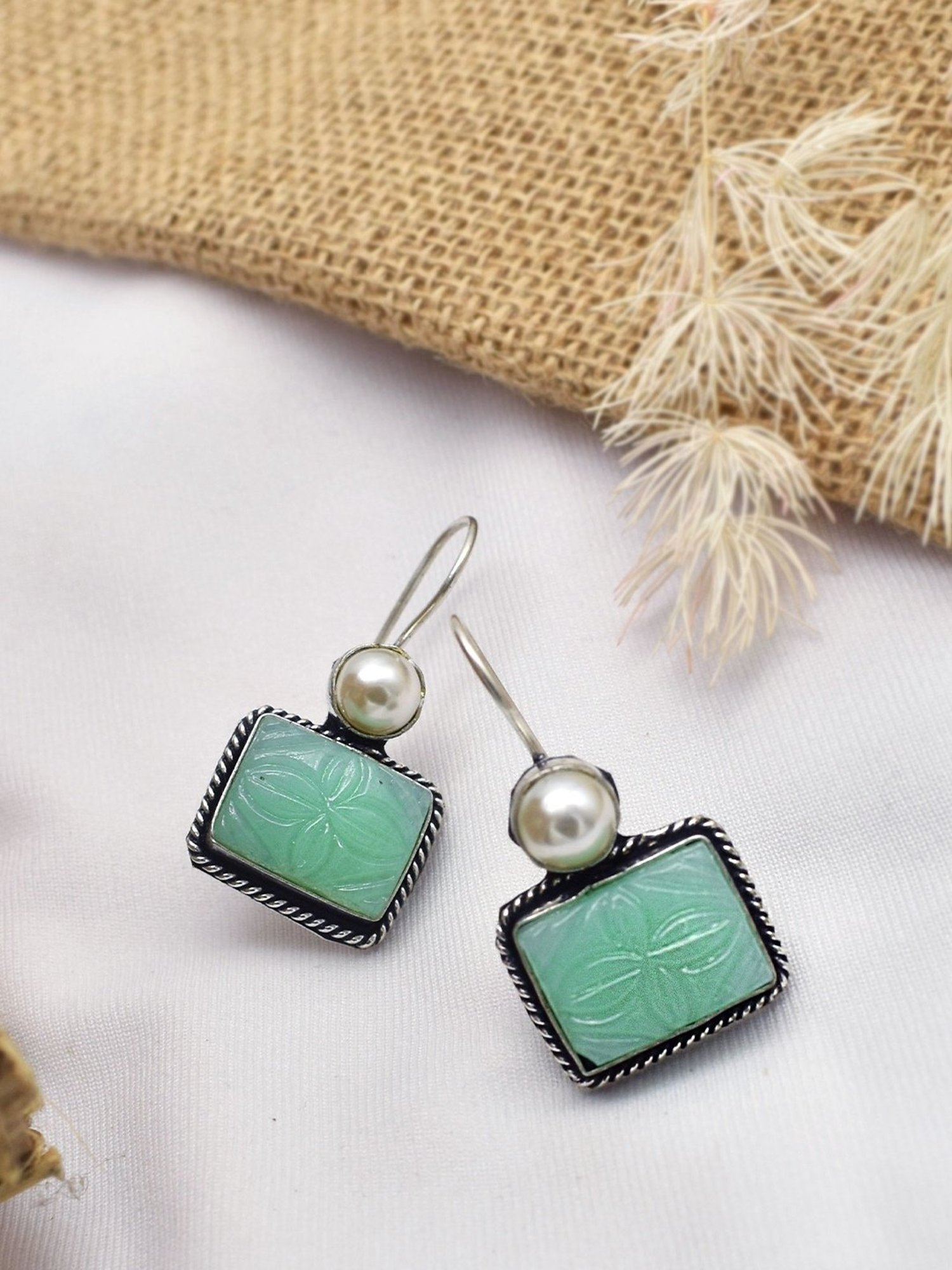 Teejh Ethnic Diti Mint Green Stone & Pearl Drop Earrings