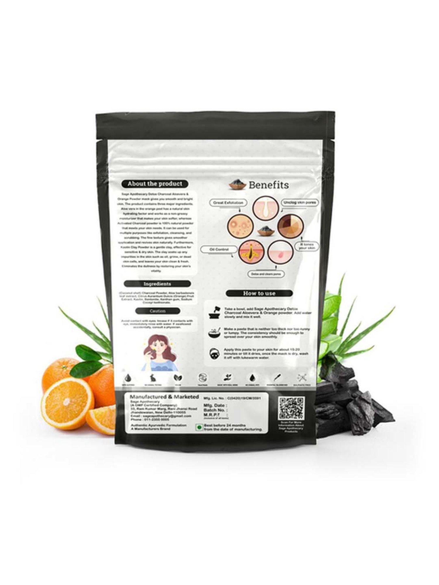 Sage Apothecary Detox Charcoal Aloe Vera & Orange Face Powder Mask - 100 gm