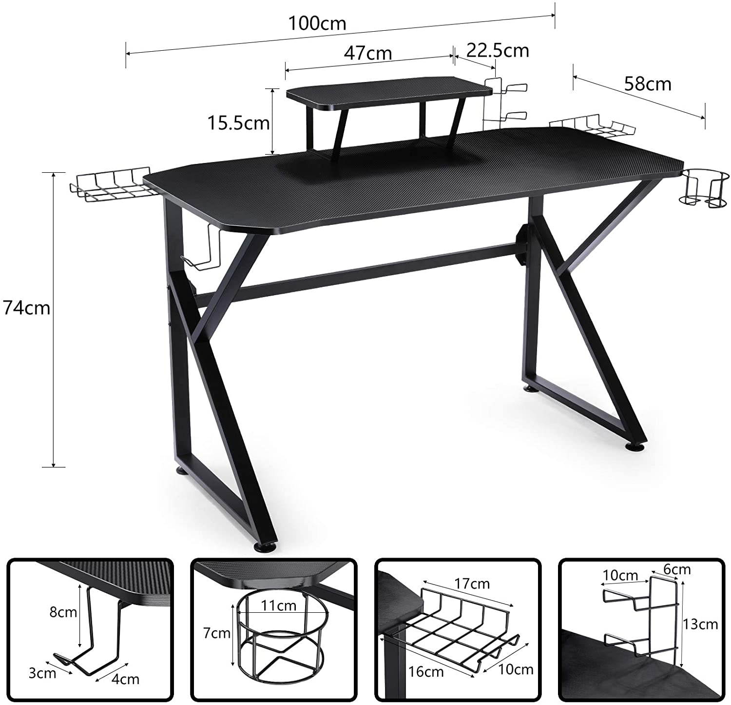 Gaming Desk 39 Inch Computer Desk Gaming Table K Shaped Pc Gaming Workstation Home Office Desk with Headphone/CD Holder, Gaming Controller Rrack,Black