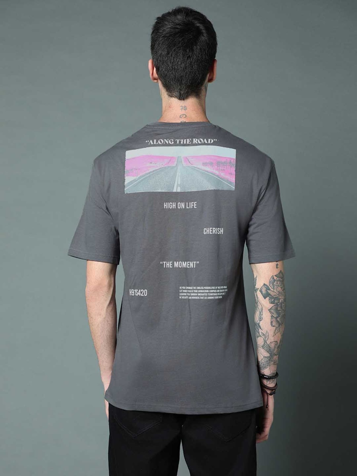 High Star Dark Grey Relaxed Fit Printed Crew T-Shirt