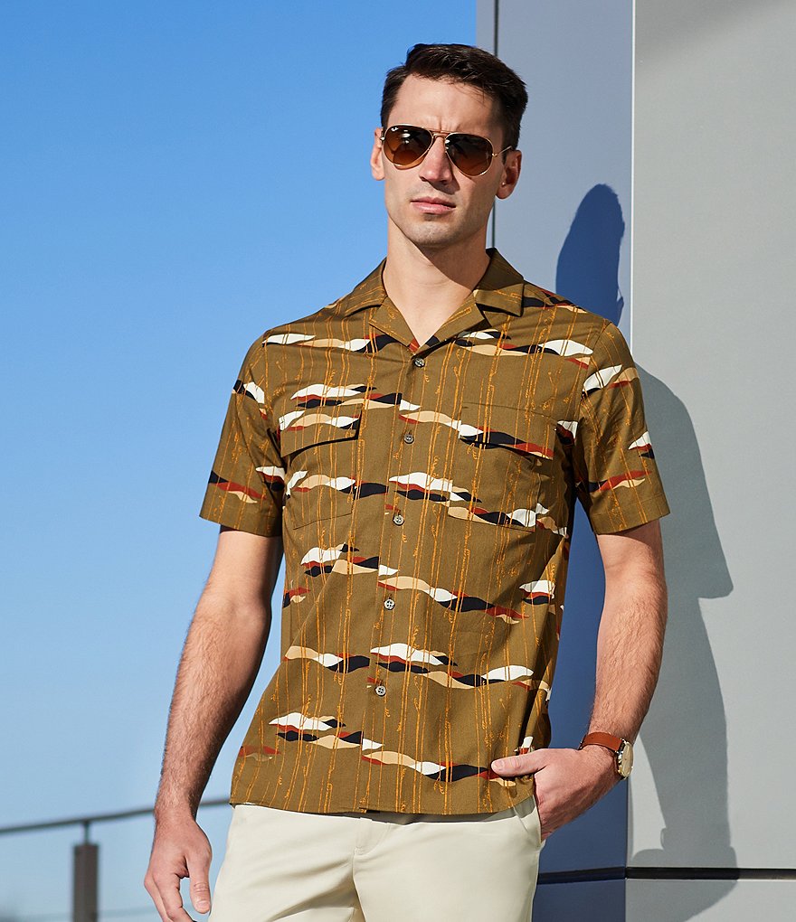 Murano Slim-Fit Stripe Print Short-Sleeve Woven Camp Shirt