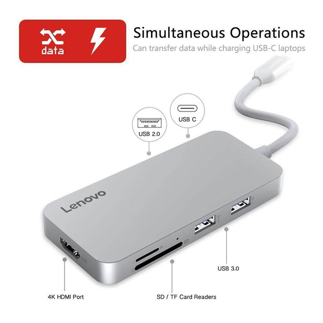 Lenovo C107 7 in 1 HDMI Port & USB-C / Type-C Charging Port & 2 x USB3.0 Ports & 1 x USB2.0 Port & SD / TF Card Slot to USB-C / Type-C HUB Adapter(Grey)