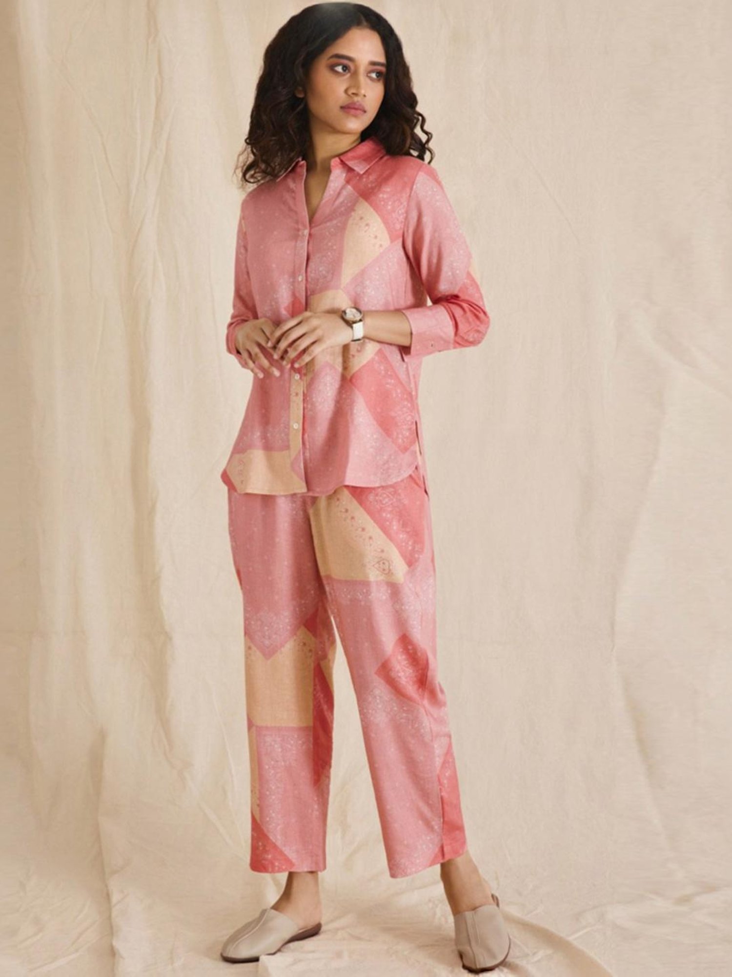 Bombay Bloom Pink Yellow Paisley Linen Tunic With Pant Co-Ord Set