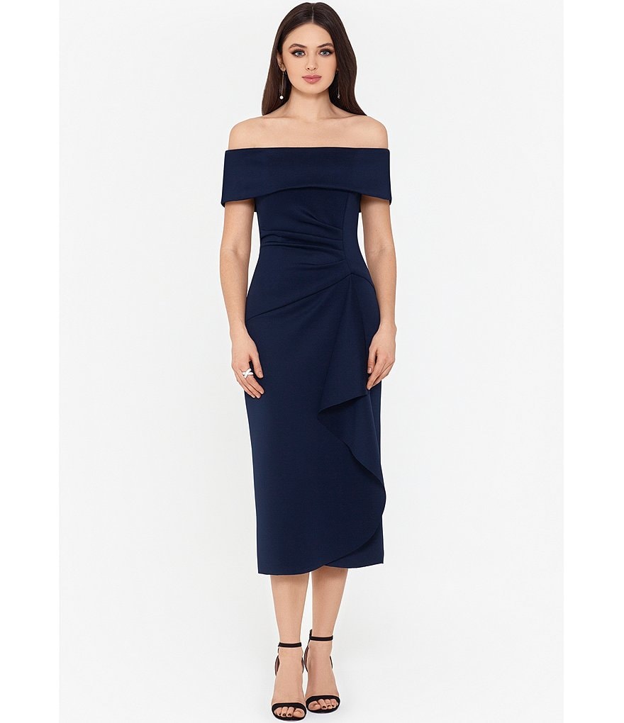 Xscape Off-the-Shoulder Scuba Crepe Ruffle Front Sheath Dress