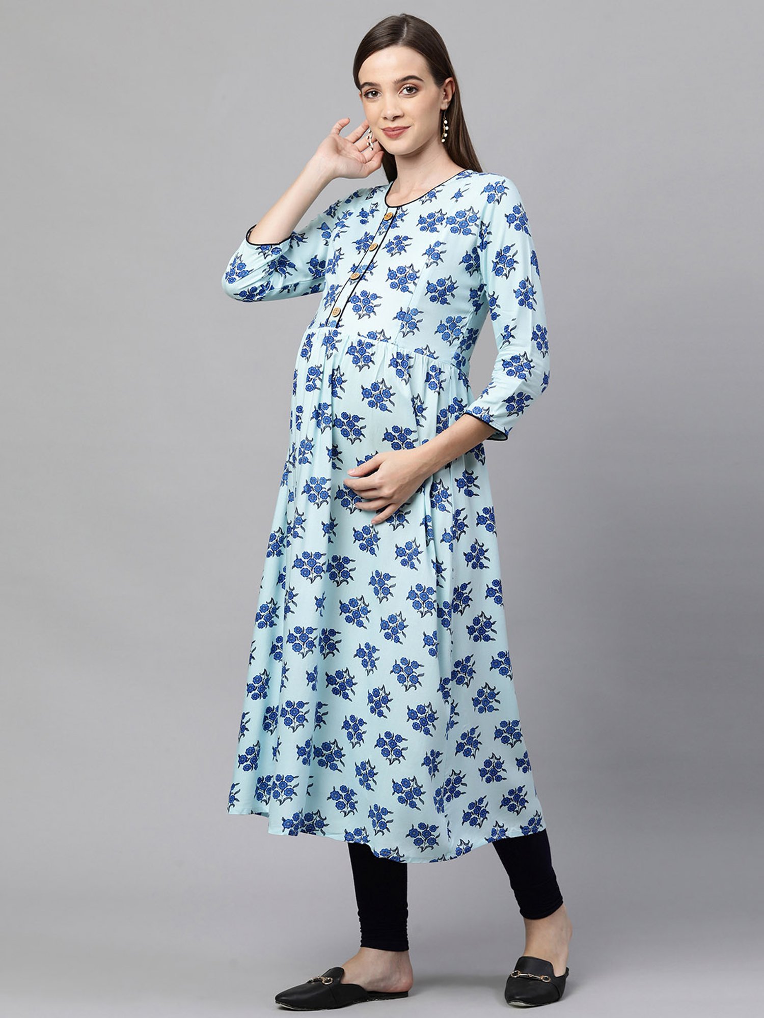 MomToBe Turquoise Printed Maternity Kurta