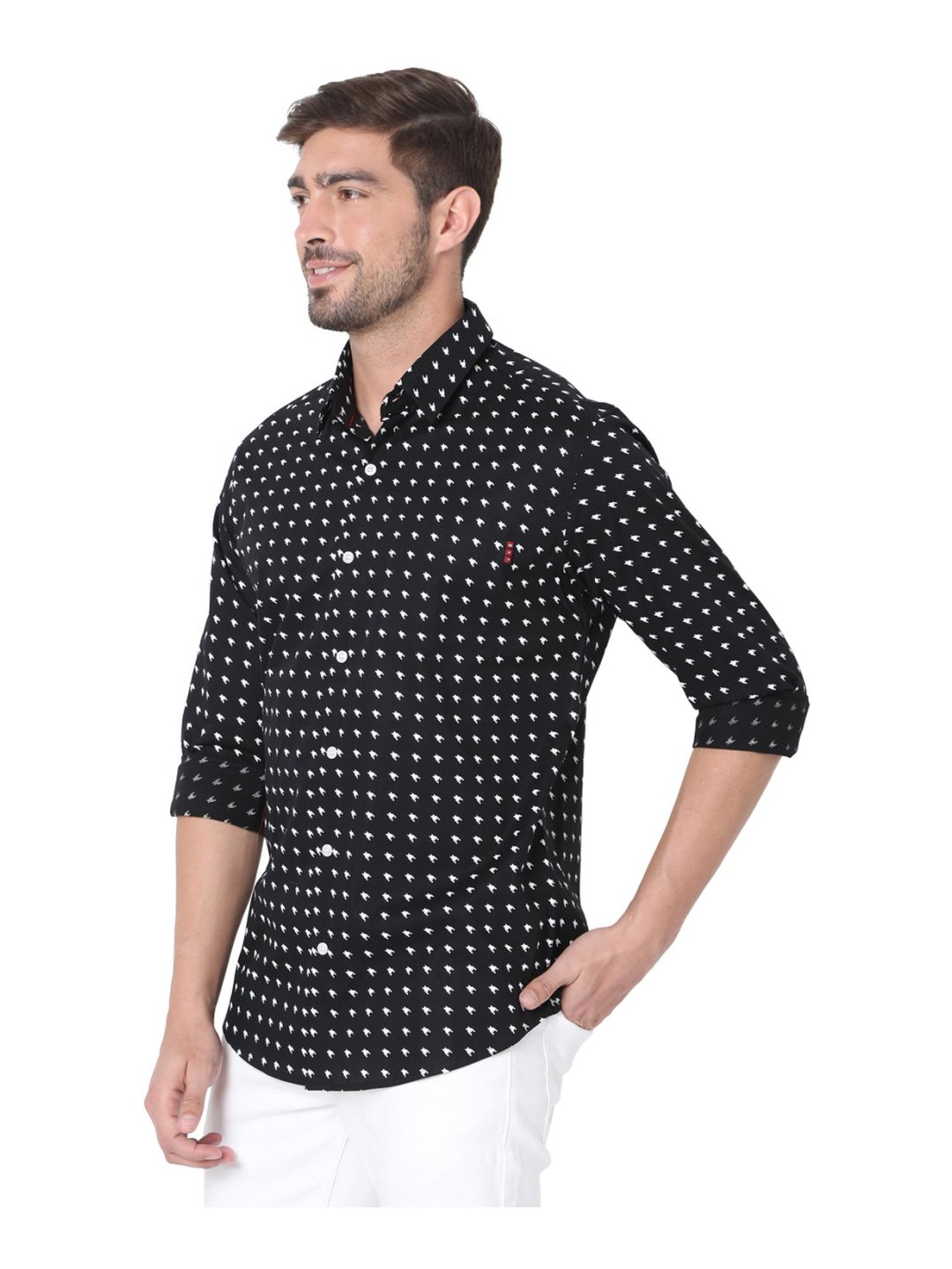 Mufti Black Cotton Slim Fit Printed Shirt