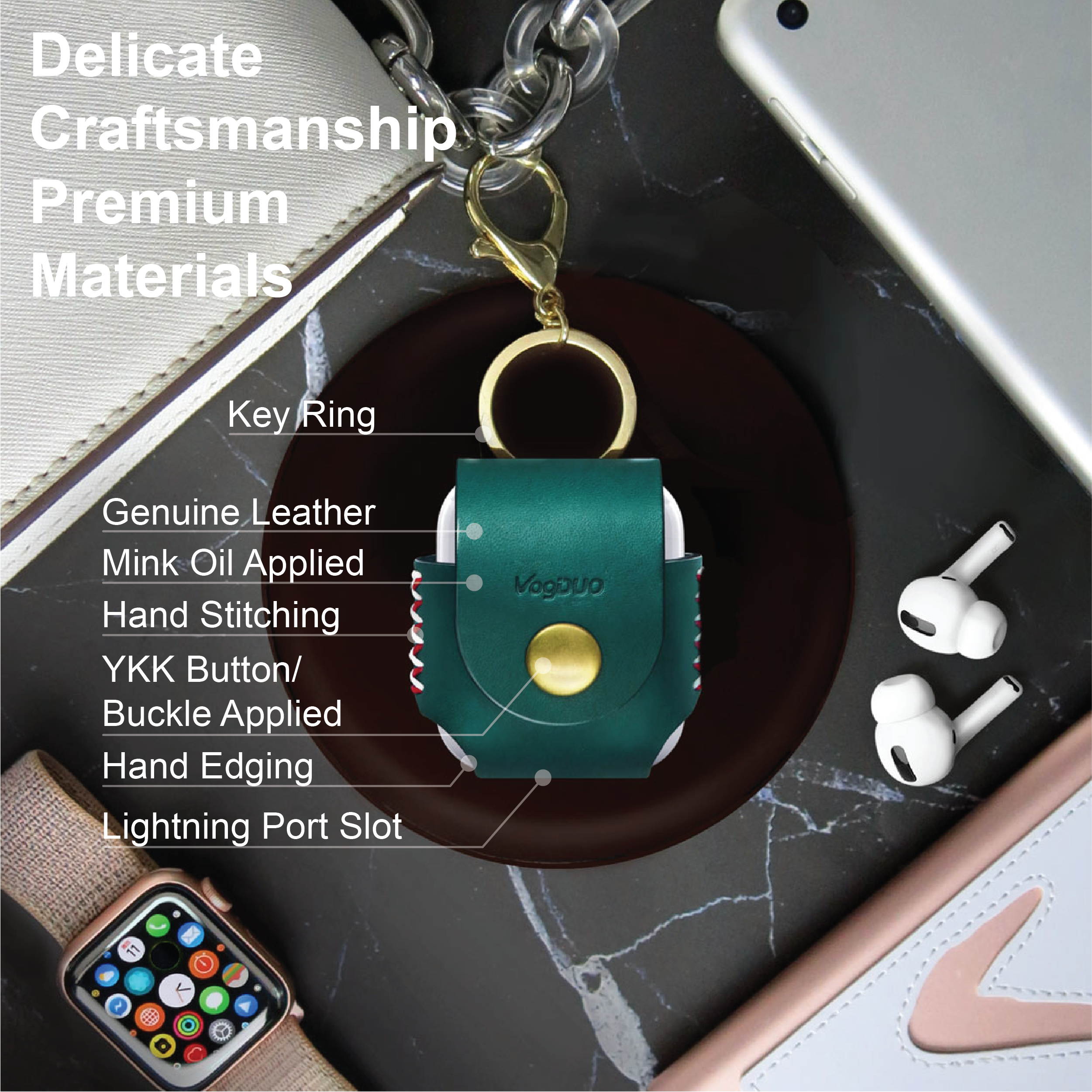 VogDUO- Italian Genuine Leather Case for AirPods Pro, portable carry case, Lightning port slot design, premium metal hook for the bag, keychain or jeans, YKK button applied- Emerald