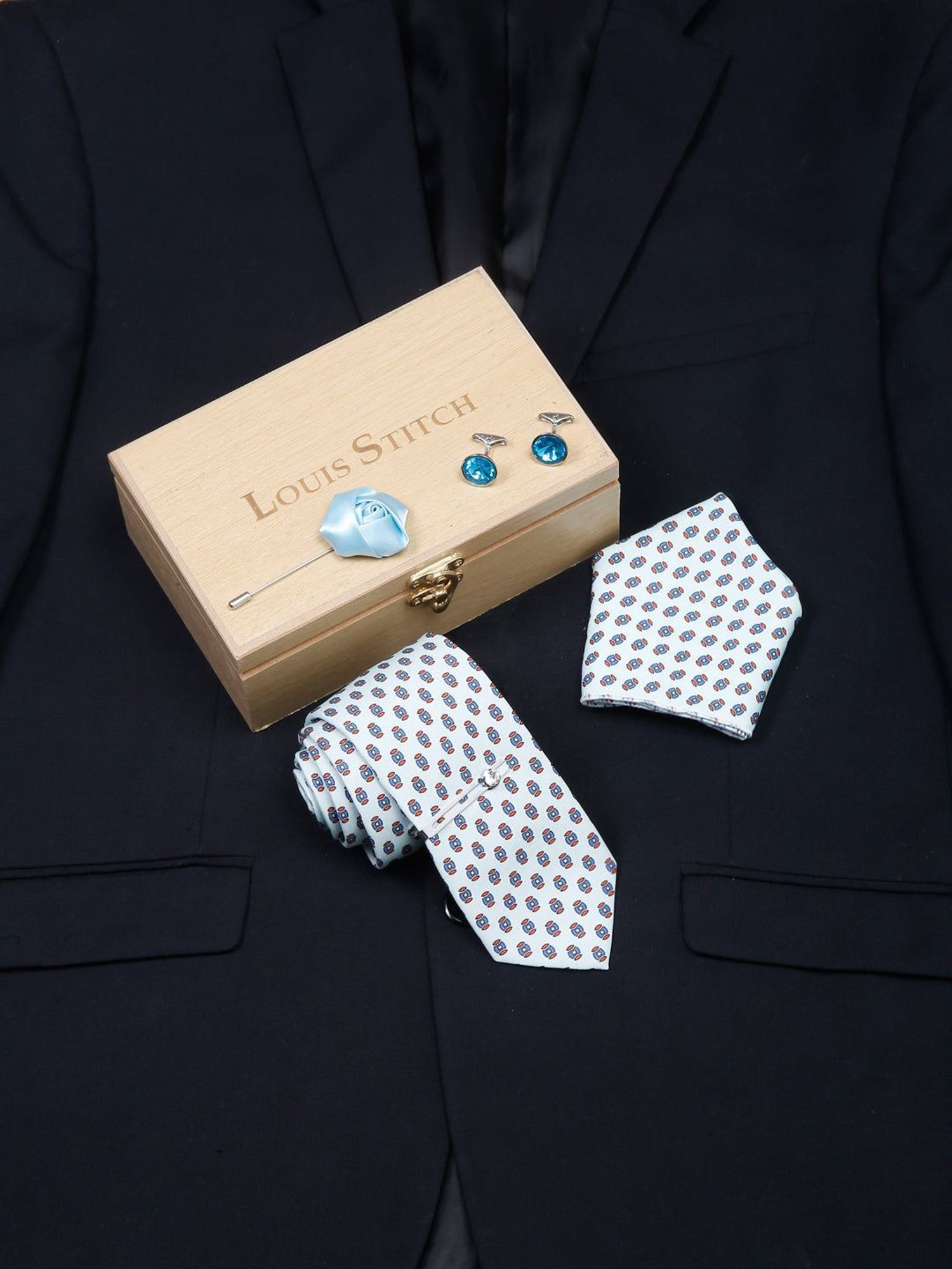Louis Stitch Blue Printed Necktie Gift Set - Set of 5