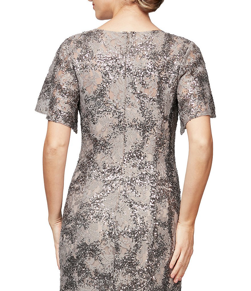 Alex Evenings V-Neck Flutter Sleeve Sequin Lace Gown