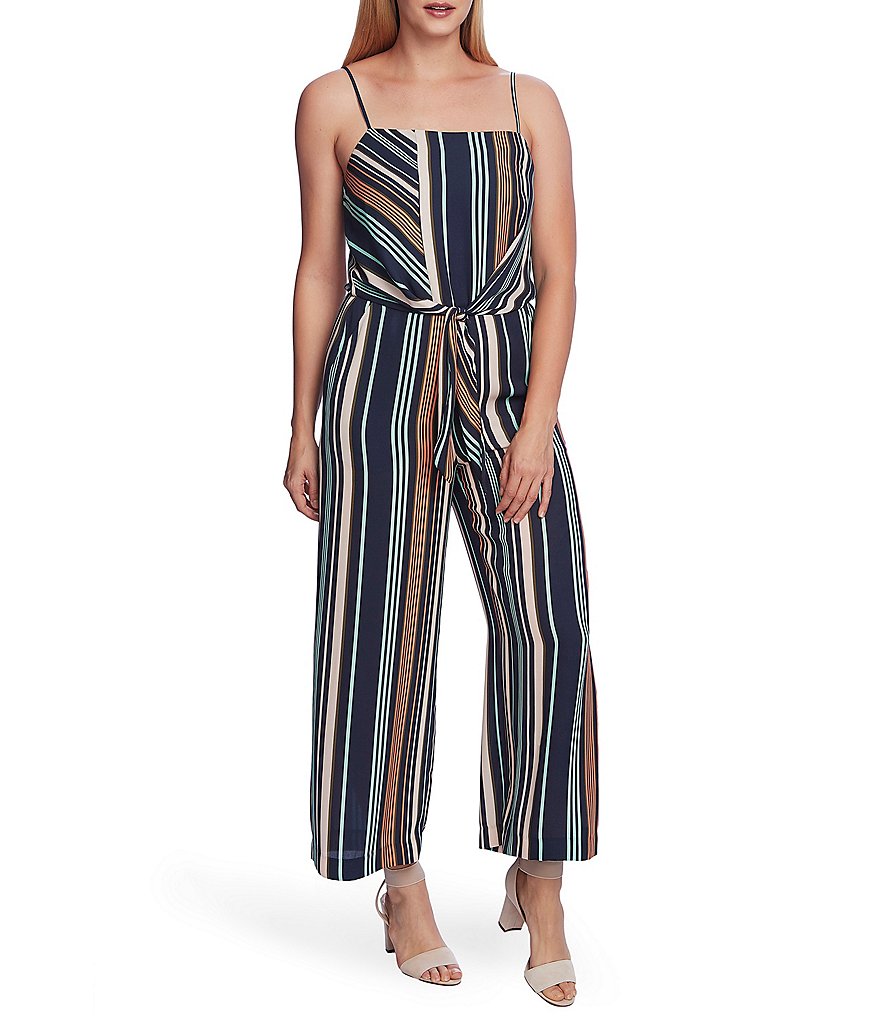 Vince Camuto Petite Size Southwestern Stripe Tie Front Square Neck Sleeveless Jumpsuit