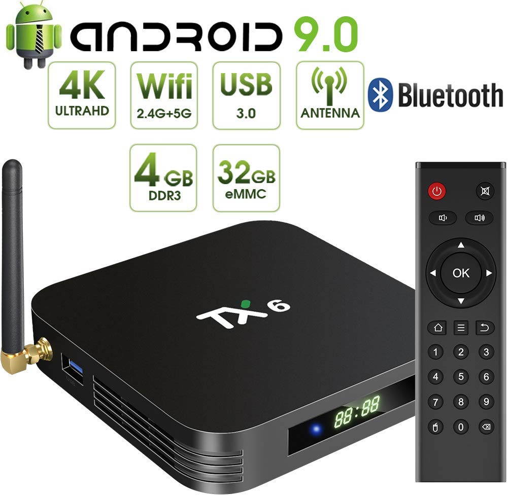 Android 9.0 TV Box,TX6 Android TV Box 4GB DDR3 32GB EMMC Dual WiFi 2.4G+5G Bluetooth Quad Core 3D 4K Ultra HD H.265 USB3.0 Android TV Set Top Box