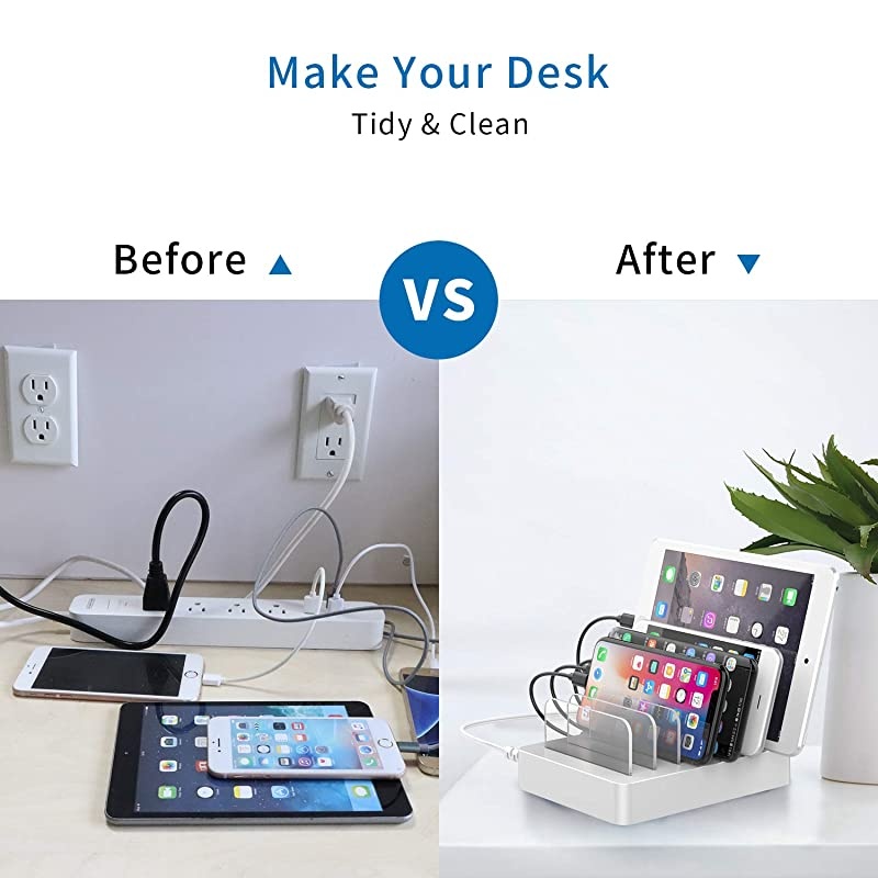 Fastest Charging Station with Quick Charge 3.0,  6 Ports Charging Dock Station Organizer for Multiple Devices, iWatch Stand, 6 Phone Charger Cables, for Smartphone, Tablet, Kindle [UL Listed]