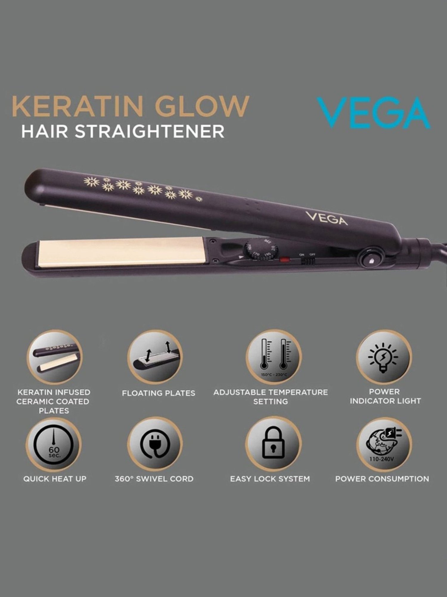 Vega Keratin Glow Flat VHSH-20 Hair Straightener (Black)