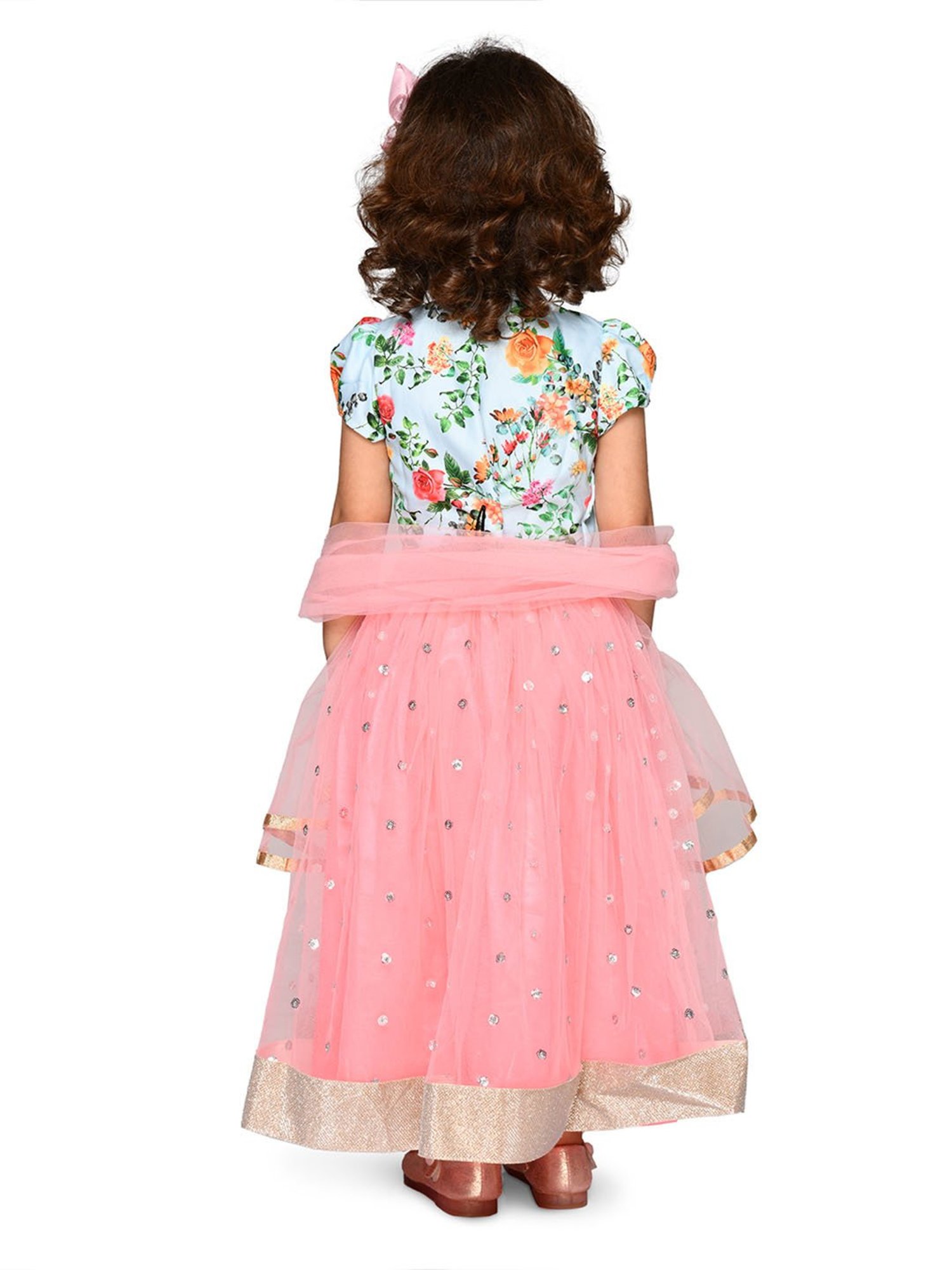 Saka Designs Kids Sky Blue & Pink Floral Print Lehenga with Choli & Dupatta